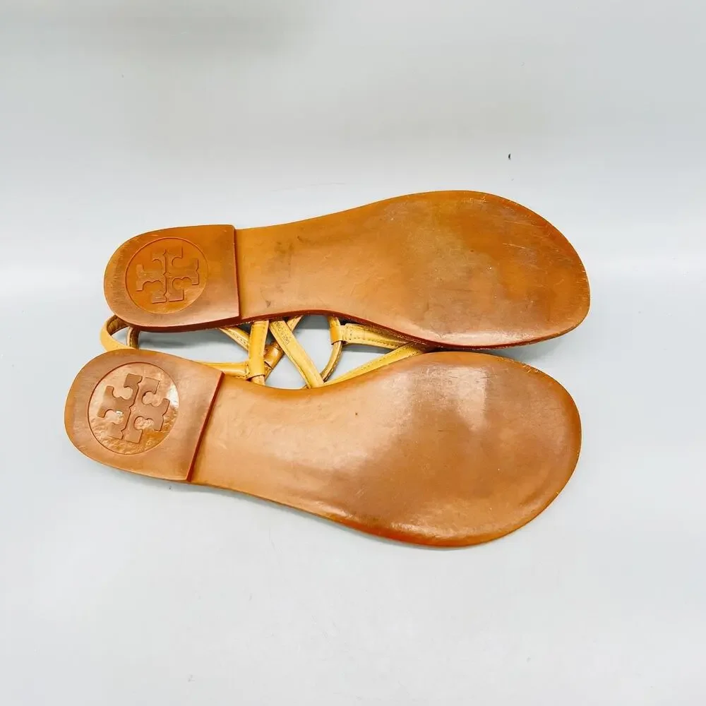 Tory Burch Sandals Womens 7 Beige Leather Thong Ankle Strap Logo Flat Shoes